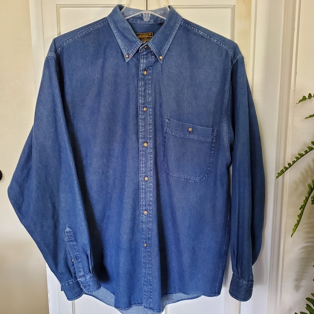 Vintage Eddie Bauer Shirt Mens L Blue Denim Button Down Collar Workwear Outdoor